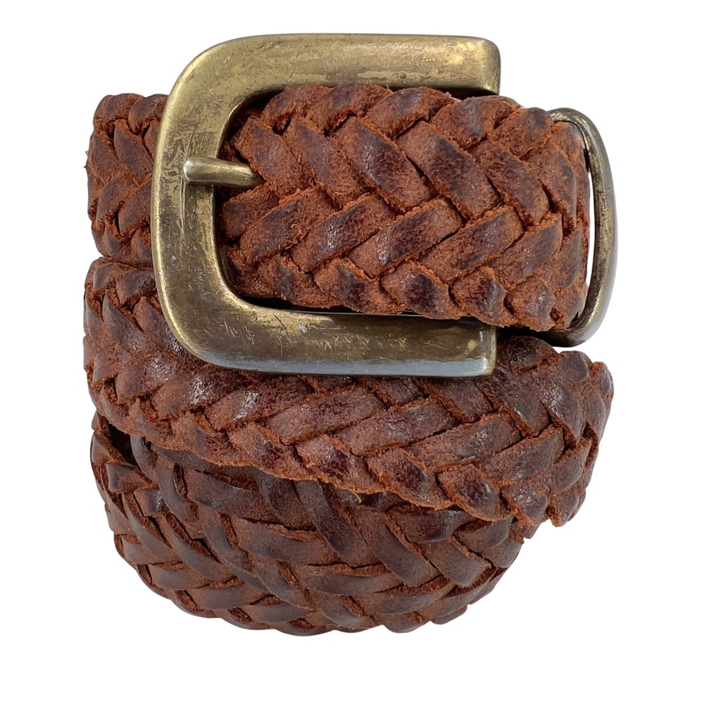 Mens Braided Leather Belt 38 Brown Woven Brass Buckle Mexico Rustic Rugged